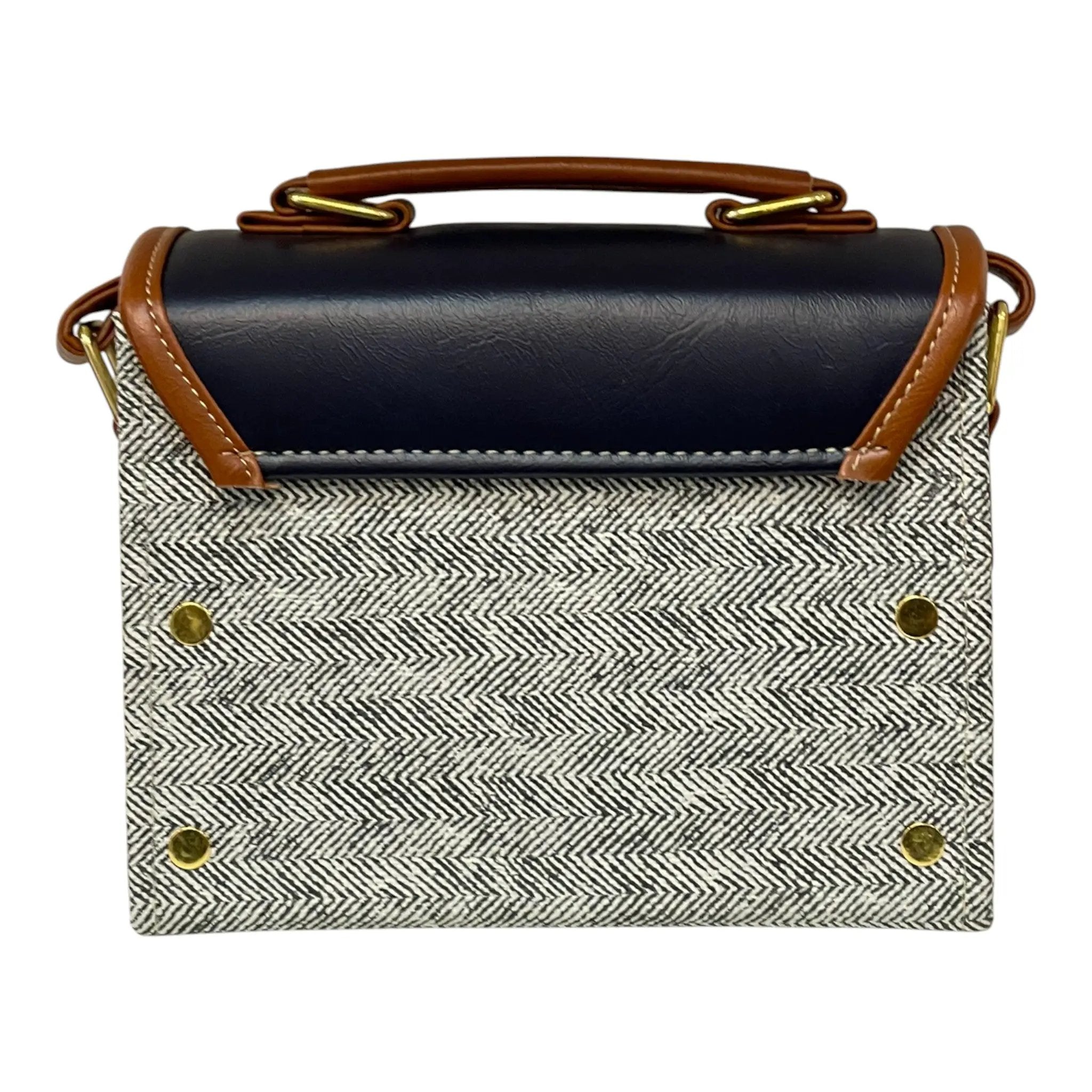 Vegan Leather Satchel – Handmade Navy Tan Satchel with Gold Hardware | Compact Structured Bag 21x14x9 cm by navichi
