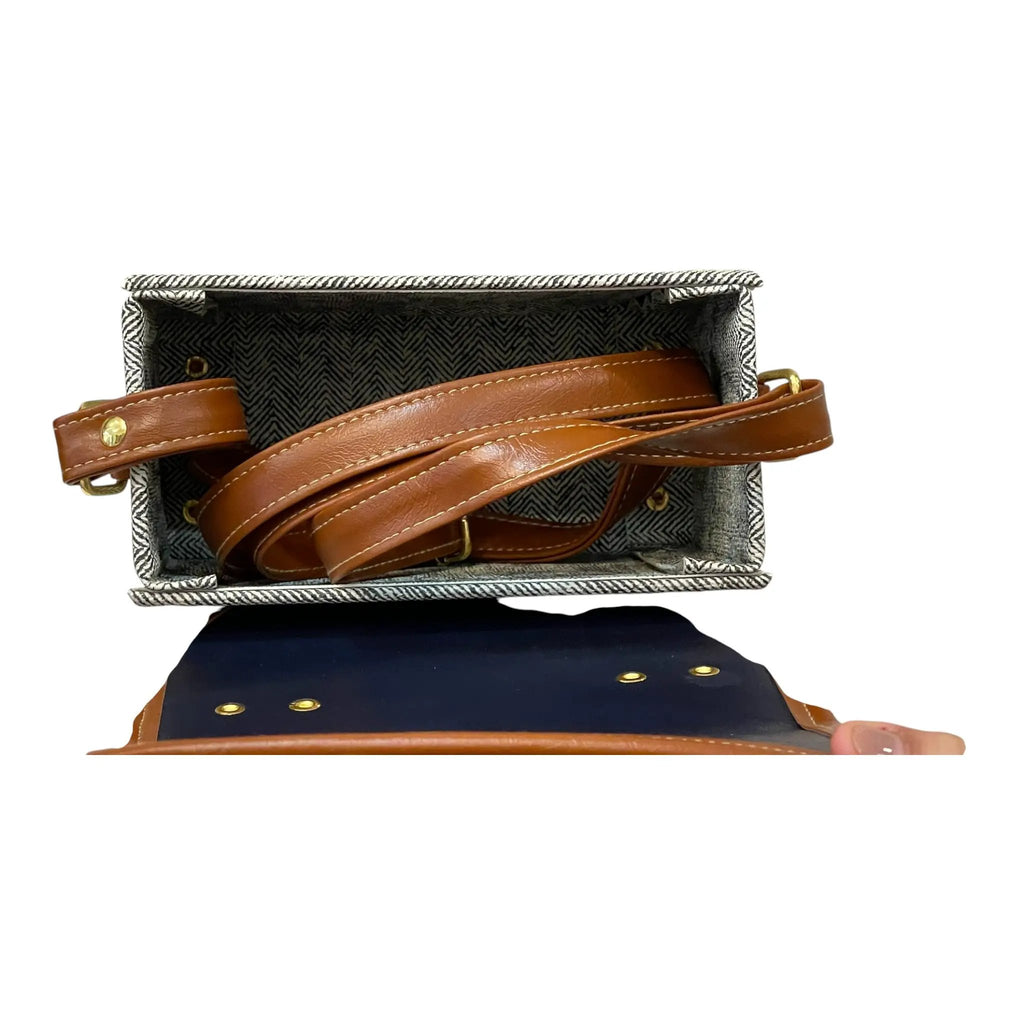 Vegan Leather Satchel – Handmade Navy Tan Satchel with Gold Hardware | Compact Structured Bag 21x14x9 cm by navichi