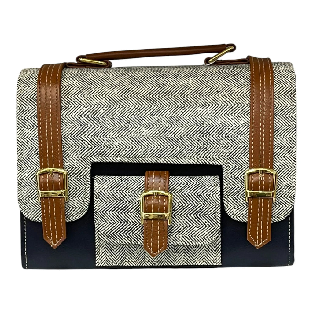 Vegan Leather Satchel – Handmade Classic Navy Canvas Satchel with Adjustable Crossbody Strap by navichi