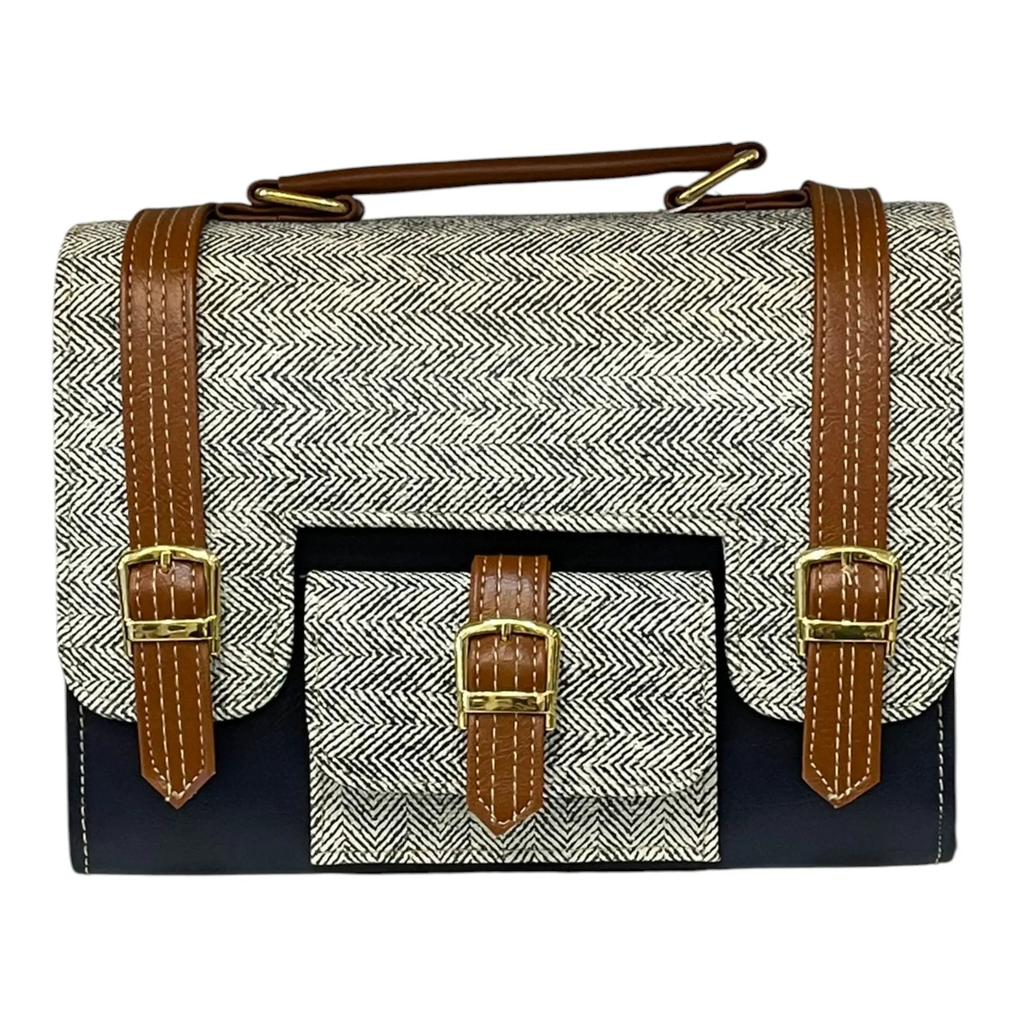Vegan Leather Satchel – Handmade Classic Navy Canvas Satchel with Adjustable Crossbody Strap by navichi