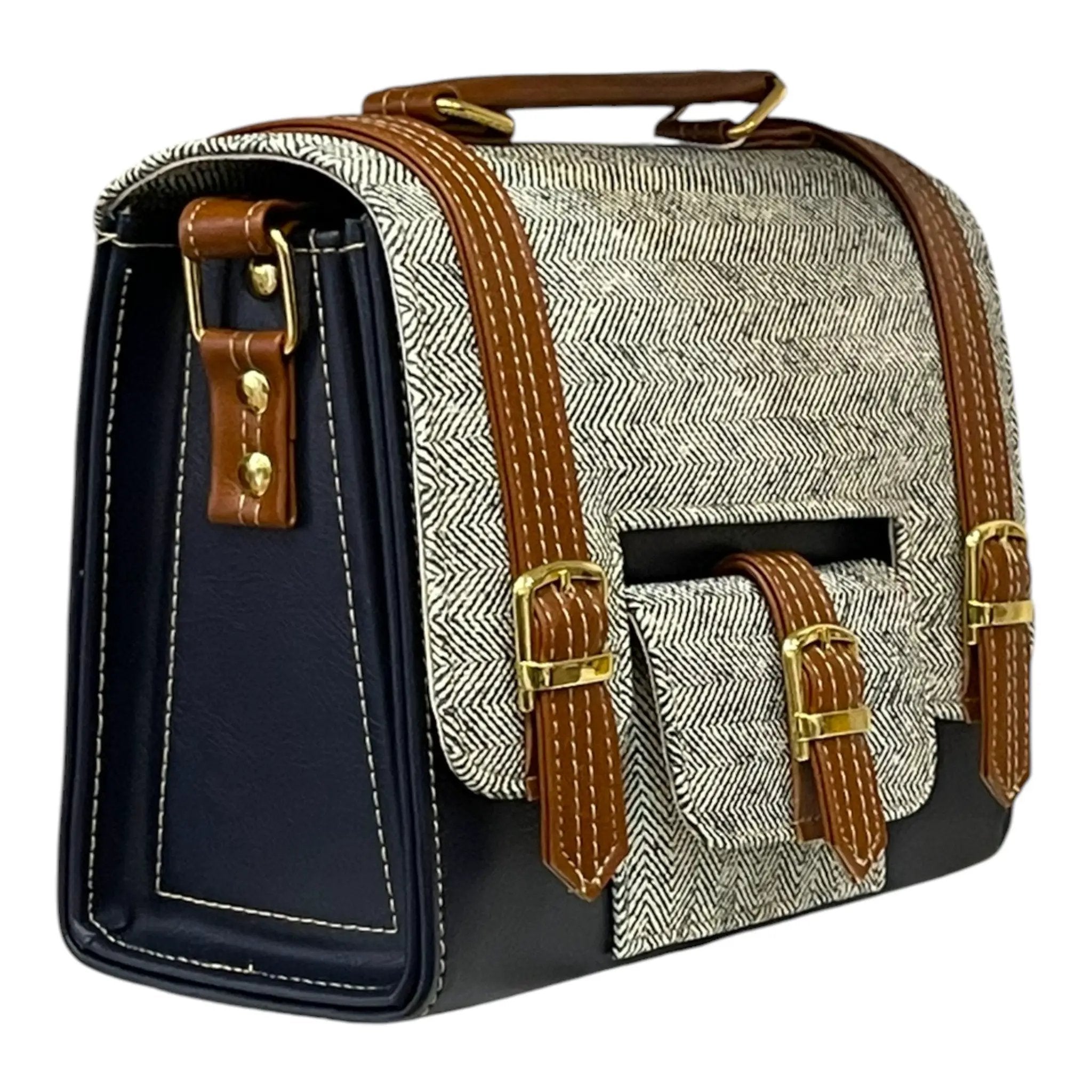Vegan Leather Satchel – Handmade Classic Navy Canvas Satchel with Adjustable Crossbody Strap by navichi