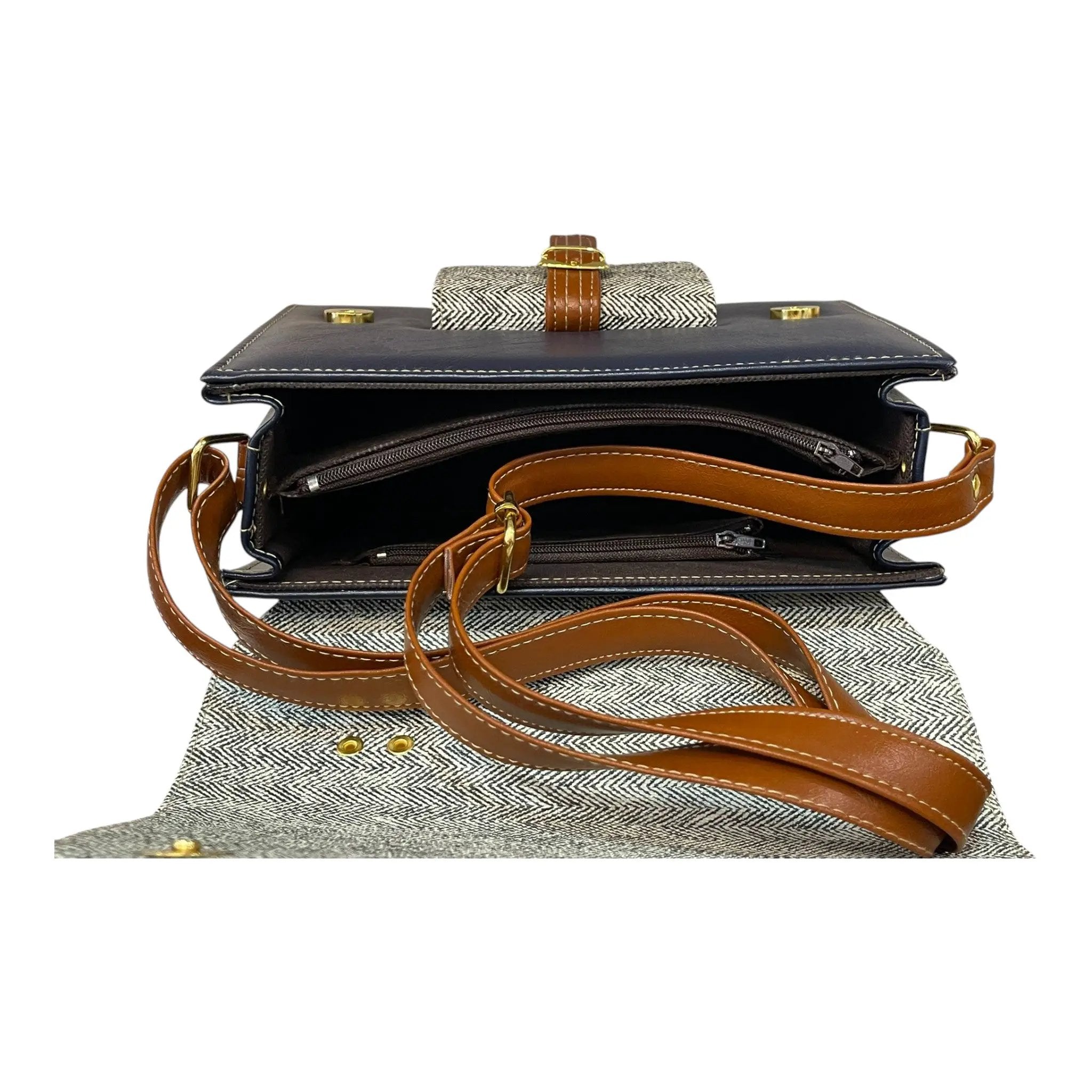 Vegan Leather Satchel – Handmade Classic Navy Canvas Satchel with Adjustable Crossbody Strap by navichi