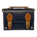 Vegan Leather Box Bag – Handmade Navy Blue & Caramel Brown Purse with Gold Hardware by navichi