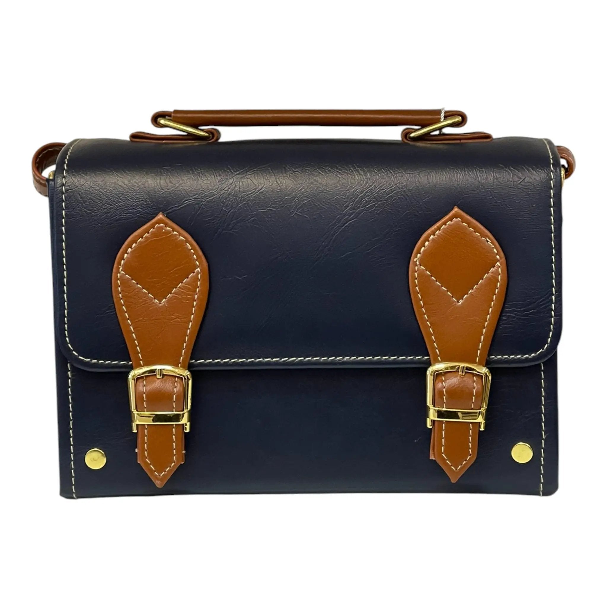 Vegan Leather Box Bag – Handmade Navy Blue & Caramel Brown Purse with Gold Hardware by navichi