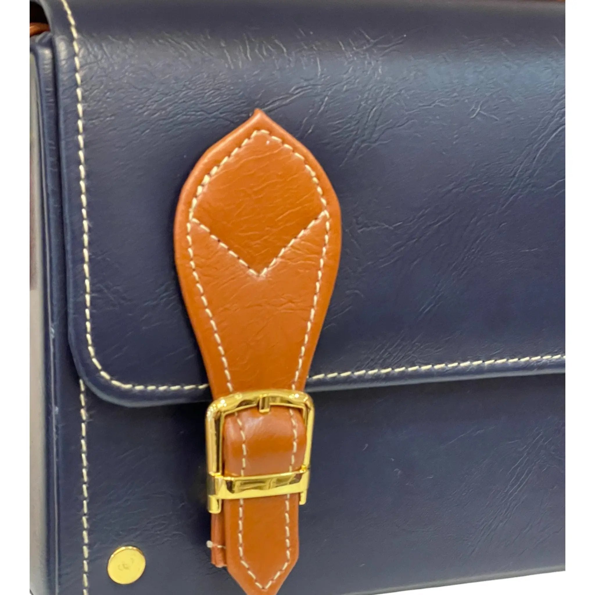 Vegan Leather Box Bag – Handmade Navy Blue & Caramel Brown Purse with Gold Hardware by navichi