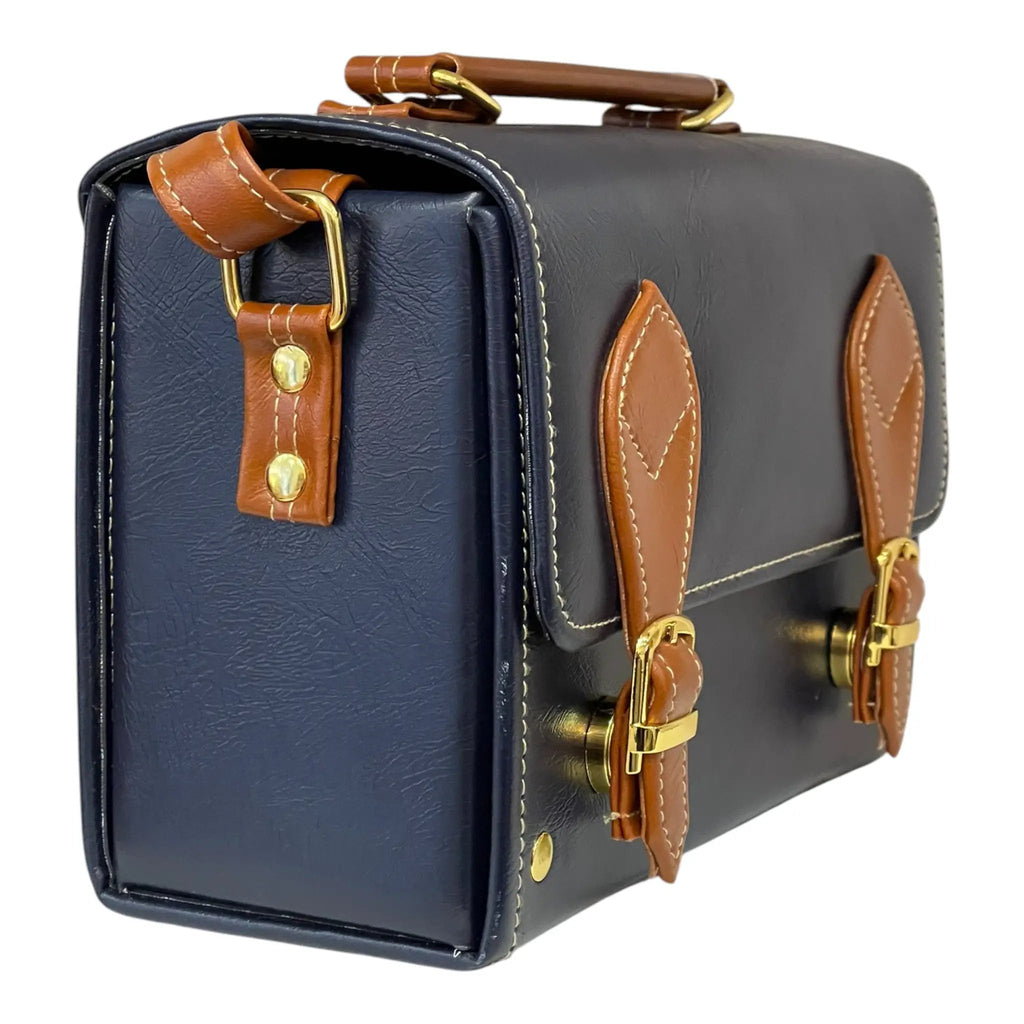 Vegan Leather Box Bag – Handmade Navy Blue & Caramel Brown Purse with Gold Hardware by navichi