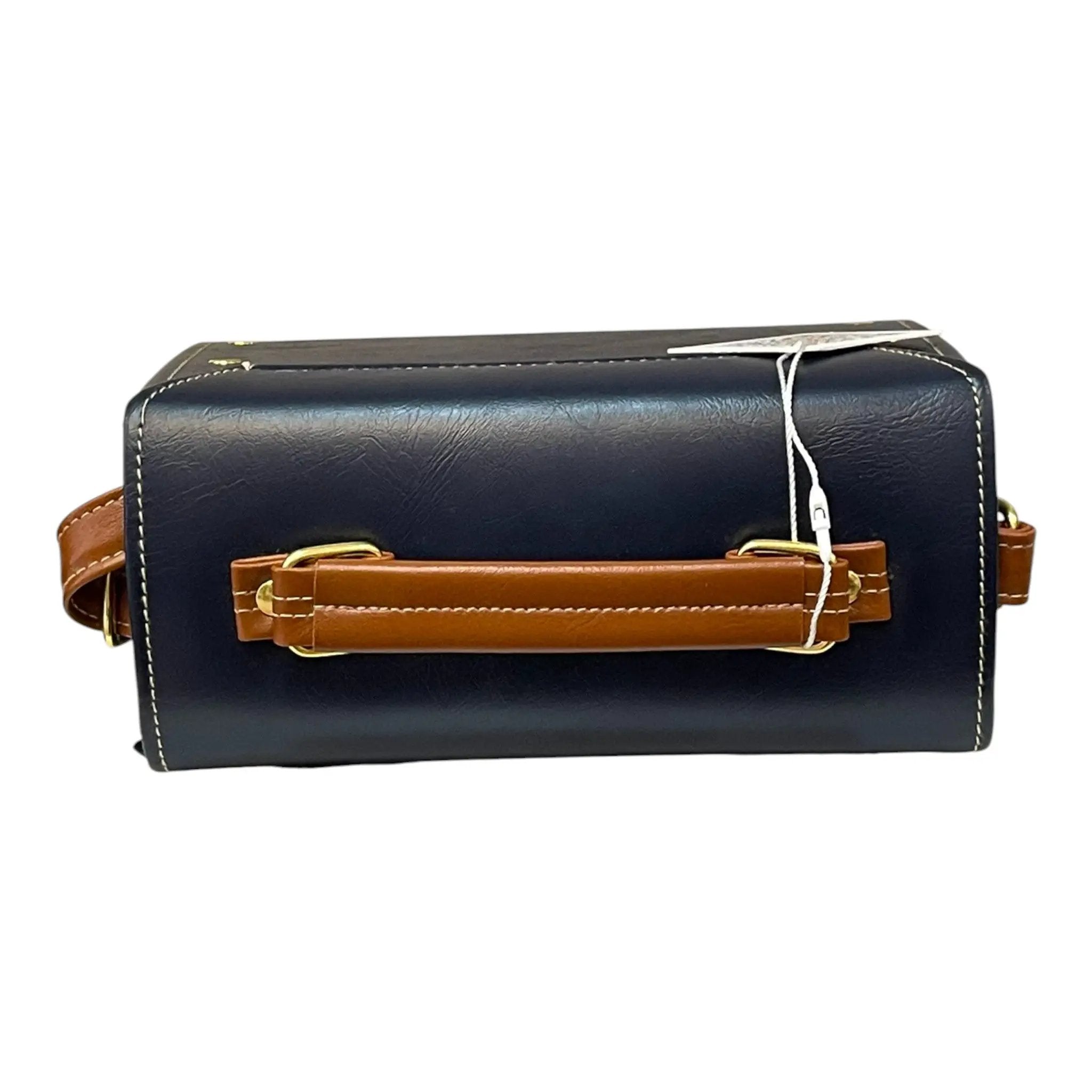 Vegan Leather Box Bag – Handmade Navy Blue & Caramel Brown Purse with Gold Hardware by navichi