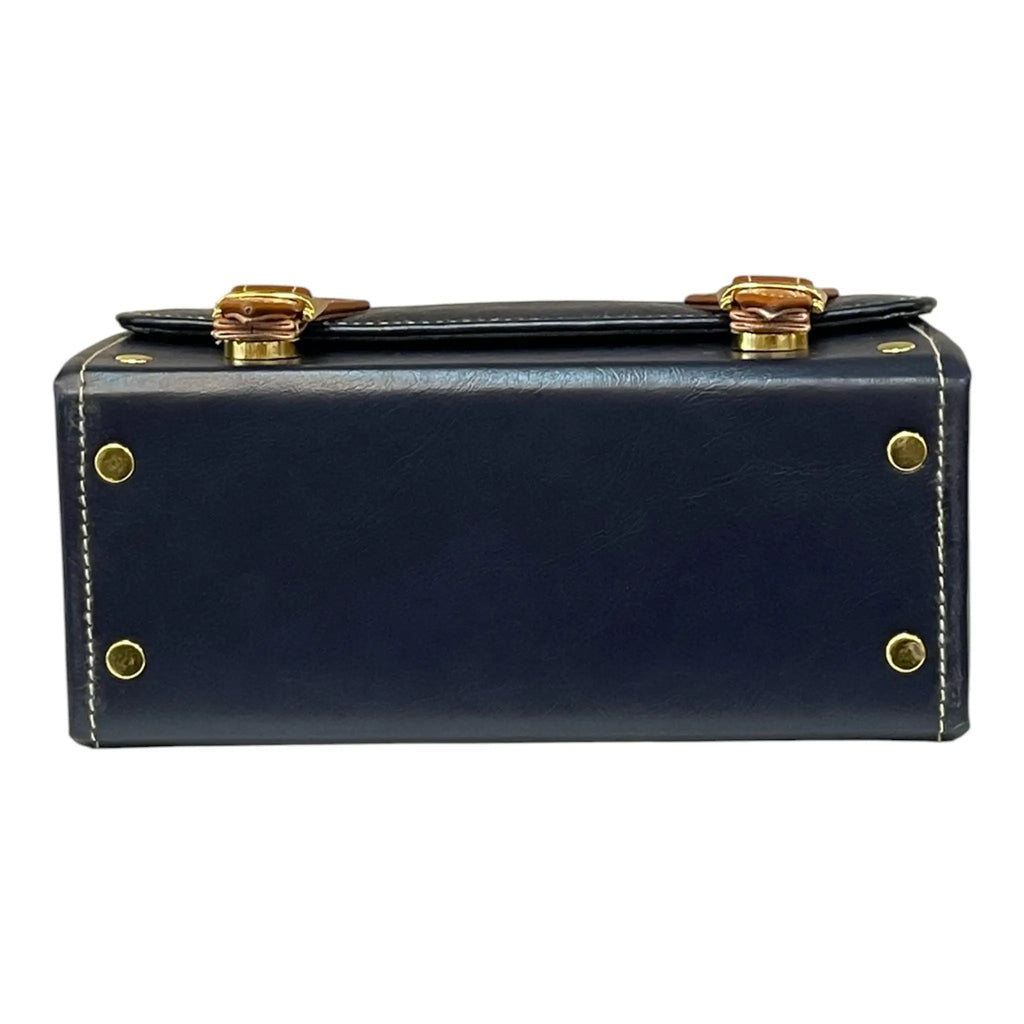 Vegan Leather Box Bag – Handmade Navy Blue & Caramel Brown Purse with Gold Hardware by navichi
