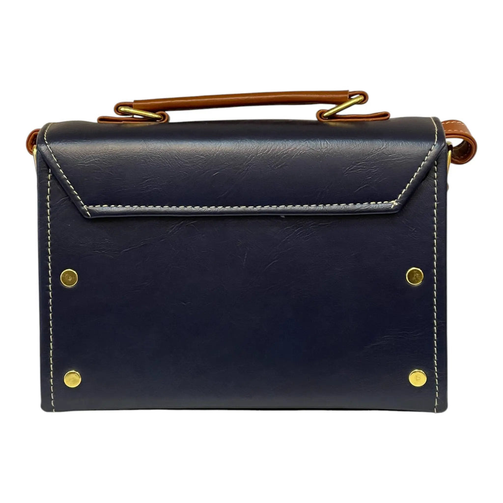 Vegan Leather Box Bag – Handmade Navy Blue & Caramel Brown Purse with Gold Hardware by navichi