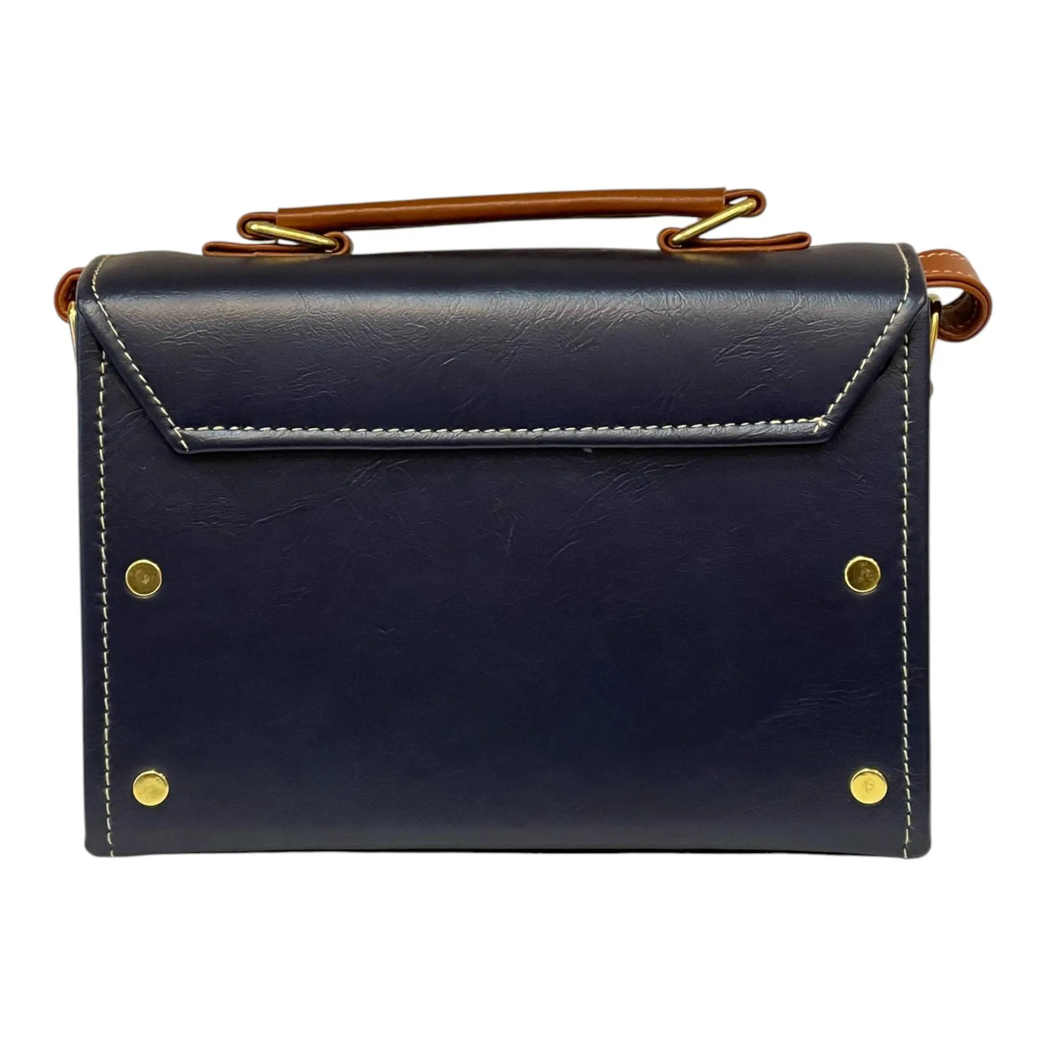 Vegan Leather Box Bag – Handmade Navy Blue & Caramel Brown Purse with Gold Hardware by navichi