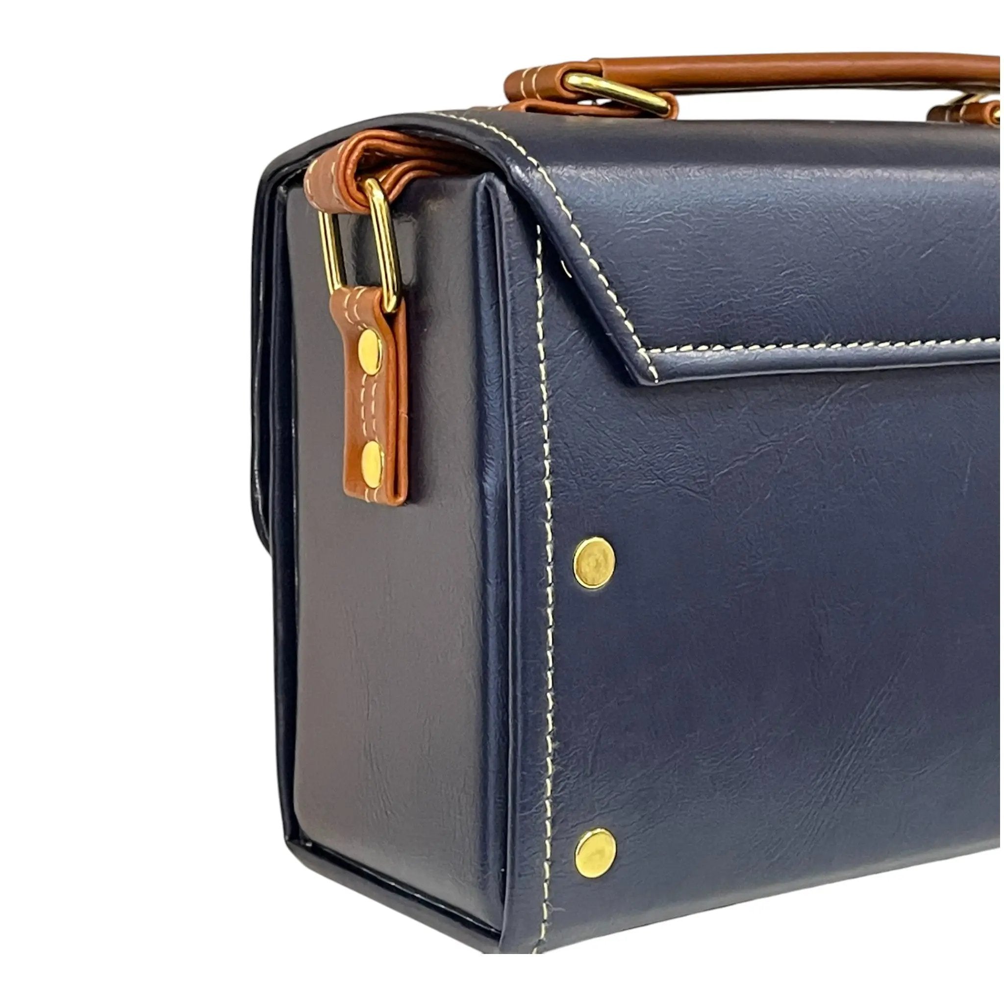 Vegan Leather Box Bag – Handmade Navy Blue & Caramel Brown Purse with Gold Hardware by navichi