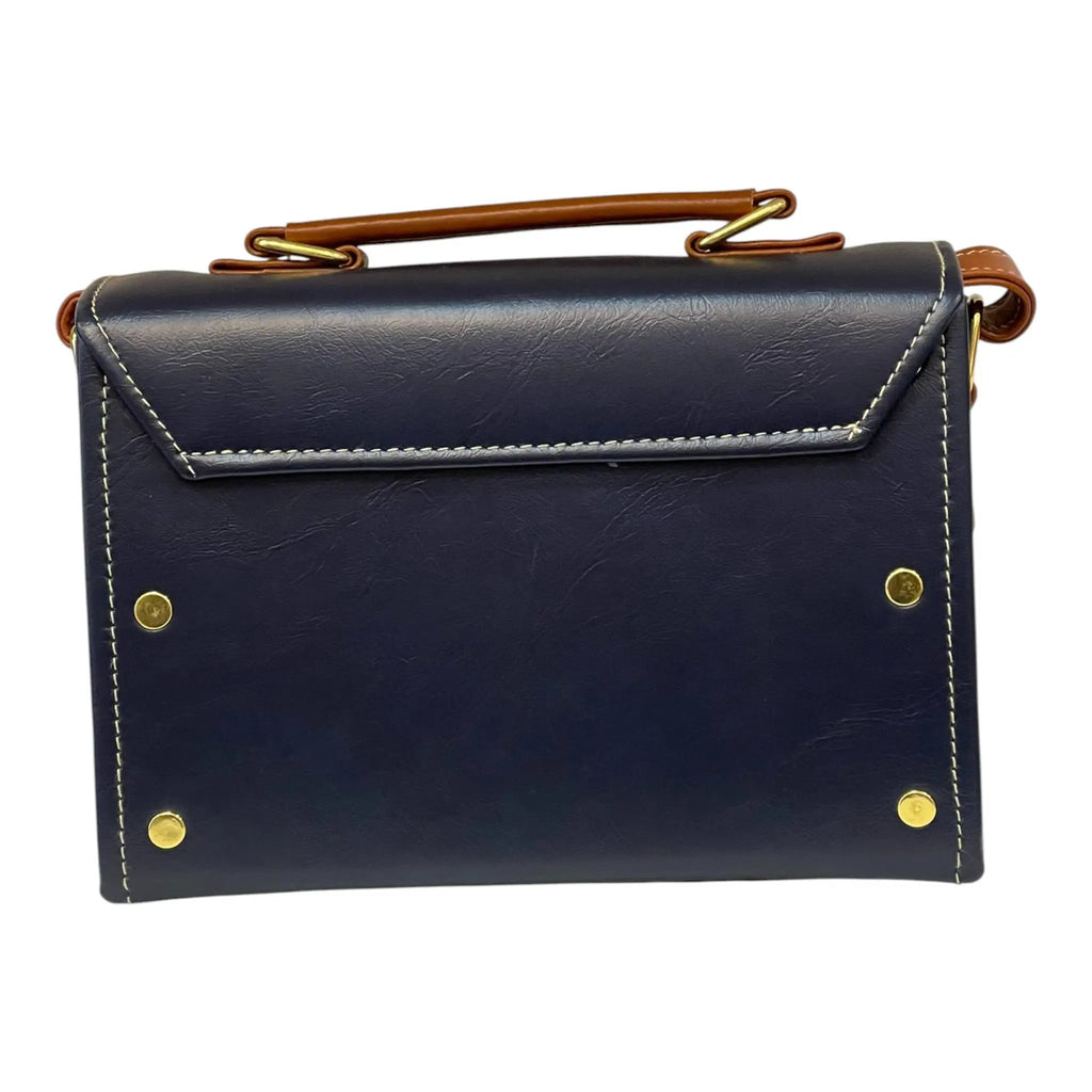 Vegan Leather Box Bag – Handmade Navy Blue & Caramel Brown Purse with Gold Hardware by navichi