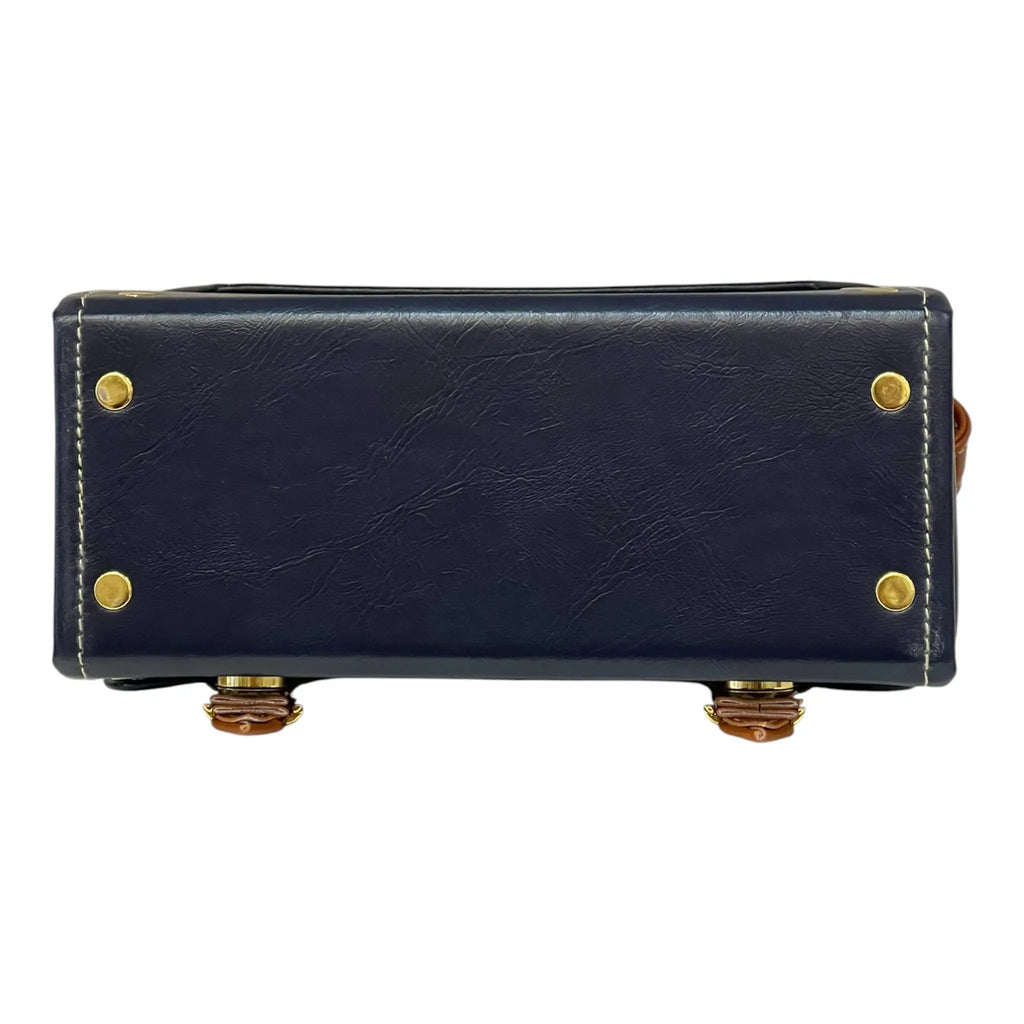 Vegan Leather Box Bag – Handmade Navy Blue & Caramel Brown Purse with Gold Hardware by navichi