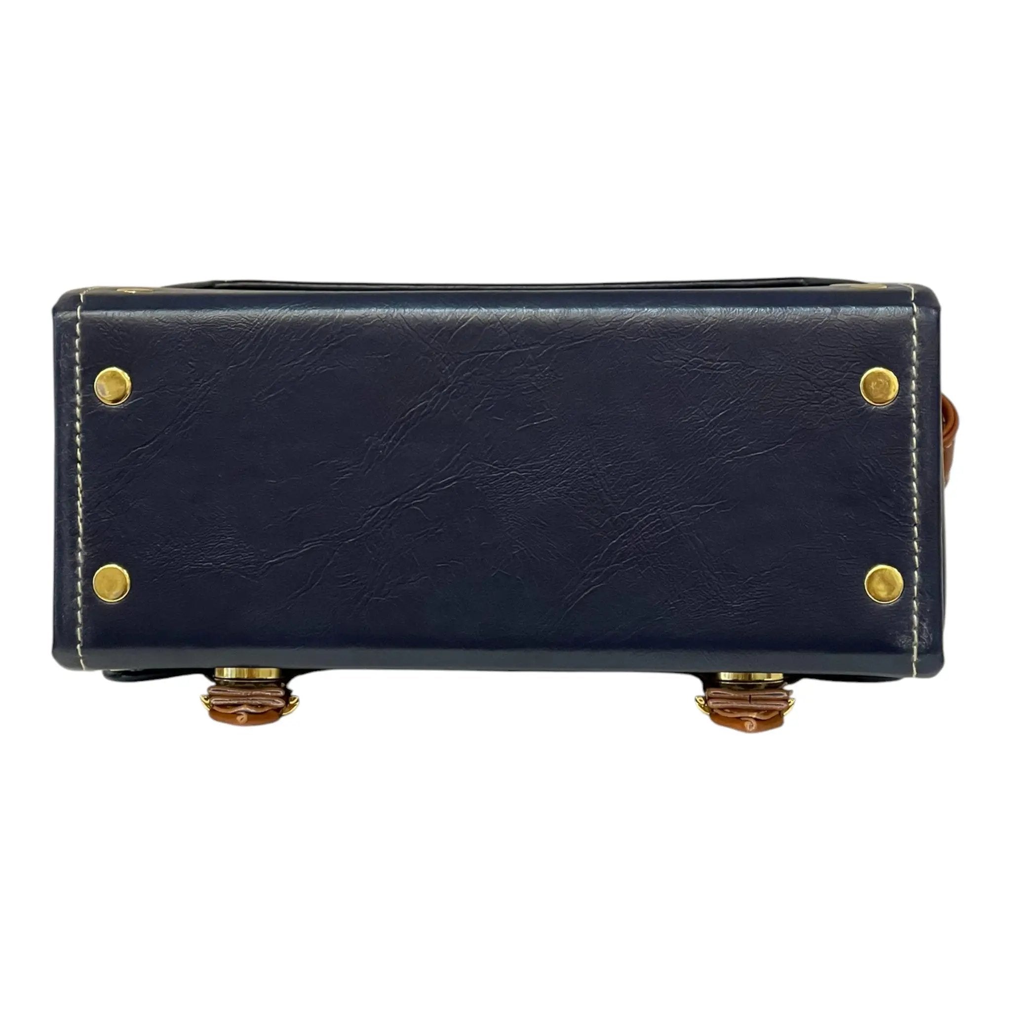 Vegan Leather Box Bag – Handmade Navy Blue & Caramel Brown Purse with Gold Hardware by navichi