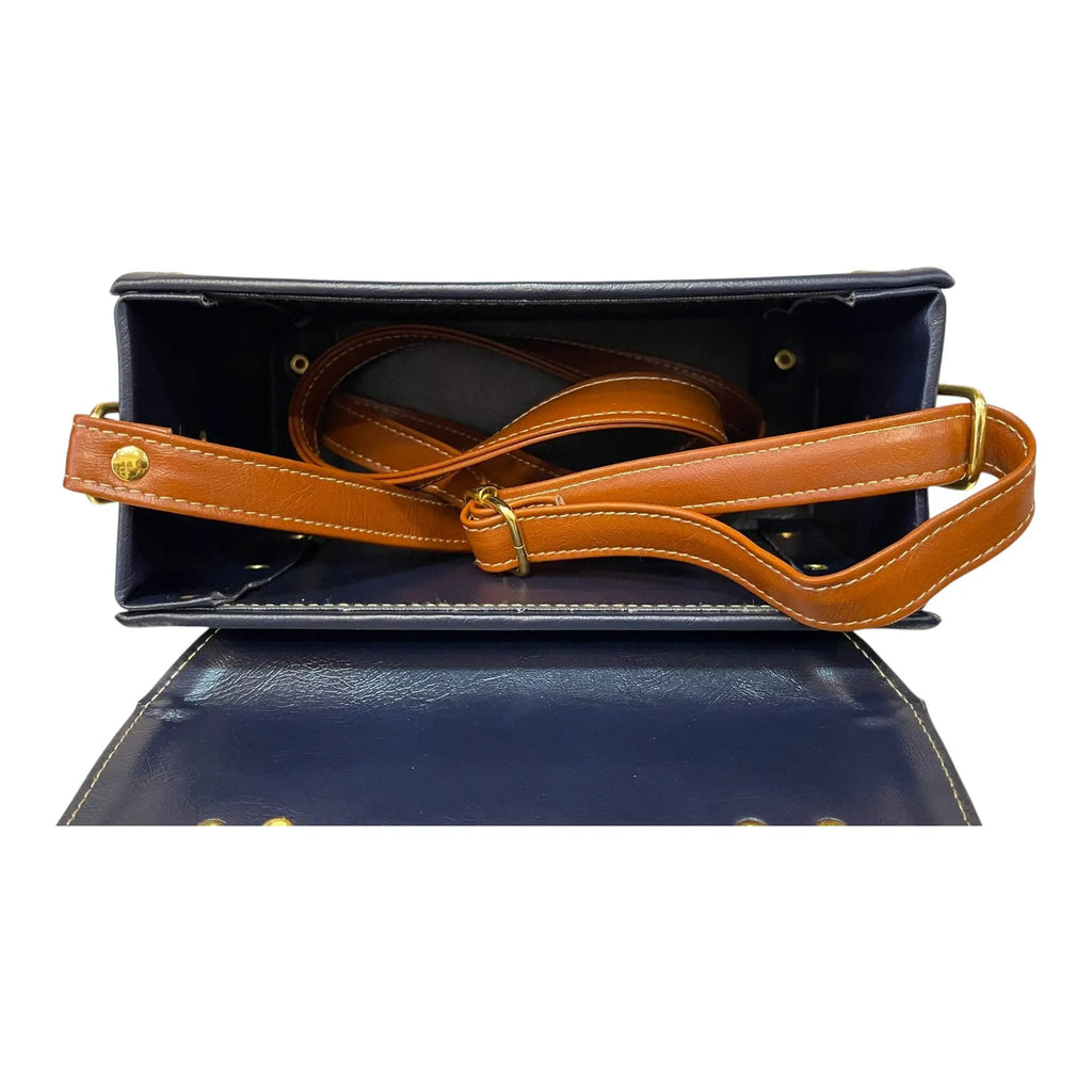 Vegan Leather Box Bag – Handmade Navy Blue & Caramel Brown Purse with Gold Hardware by navichi