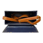 Vegan Leather Box Bag – Handmade Navy Blue & Caramel Brown Purse with Gold Hardware by navichi