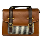 Vegan Leather Satchel – Handmade Brown Houndstooth Pattern Bag with Gold Hardware by navichi