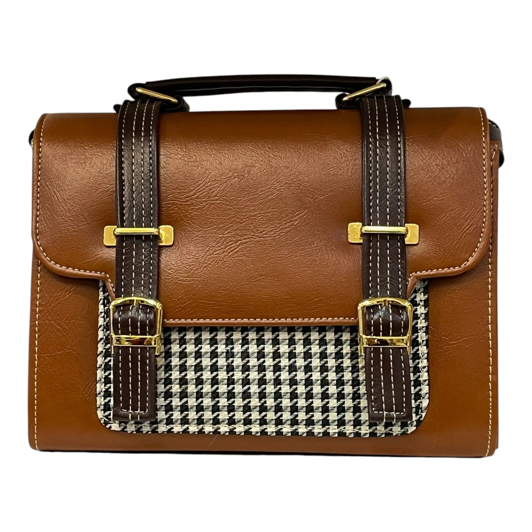 Vegan Leather Satchel – Handmade Brown Houndstooth Pattern Bag with Gold Hardware by navichi