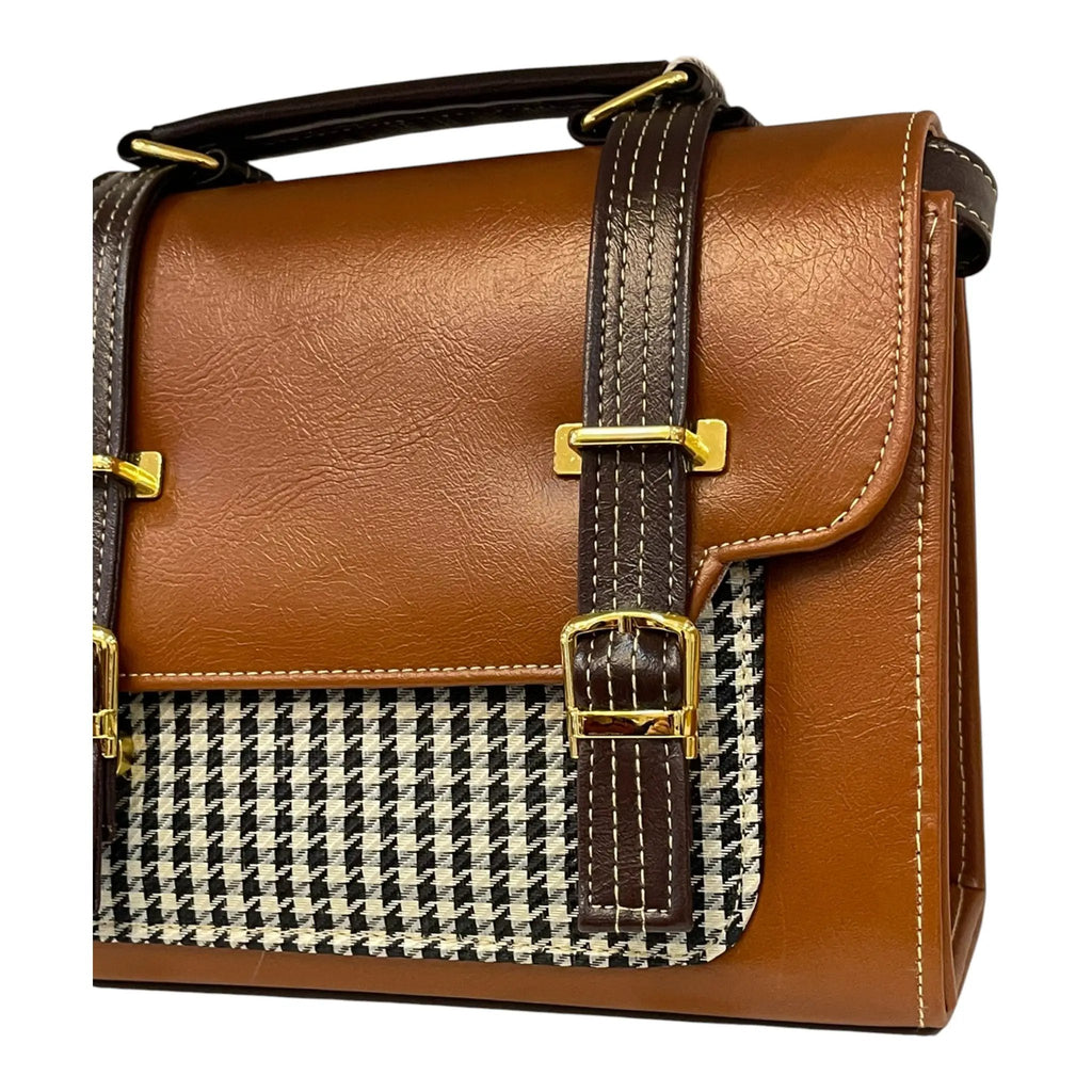 Vegan Leather Satchel – Handmade Brown Houndstooth Pattern Bag with Gold Hardware by navichi