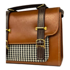 Vegan Leather Satchel – Handmade Brown Houndstooth Pattern Bag with Gold Hardware by navichi
