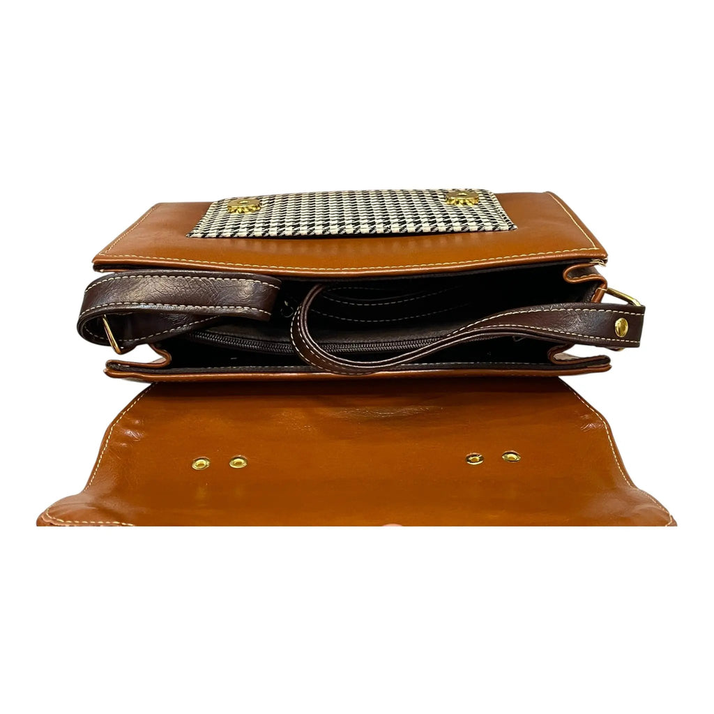 Vegan Leather Satchel – Handmade Brown Houndstooth Pattern Bag with Gold Hardware by navichi