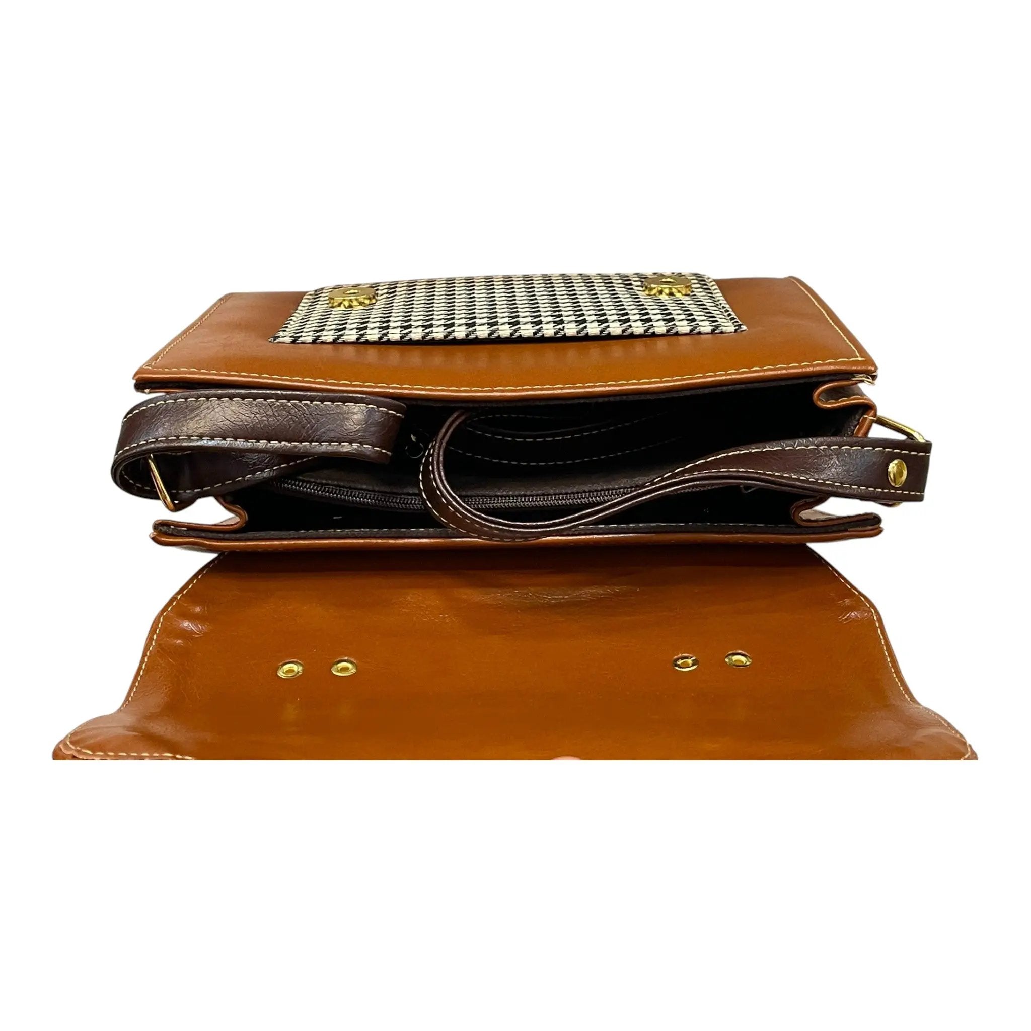 Vegan Leather Satchel – Handmade Brown Houndstooth Pattern Bag with Gold Hardware by navichi