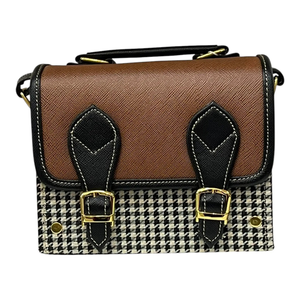Vegan Leather Satchel – Handmade Vintage Crossbody Purse | Brown Houndstooth Bag by navichi