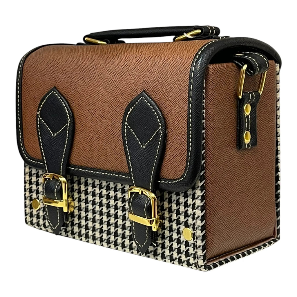 Vegan Leather Satchel – Handmade Vintage Crossbody Purse | Brown Houndstooth Bag by navichi