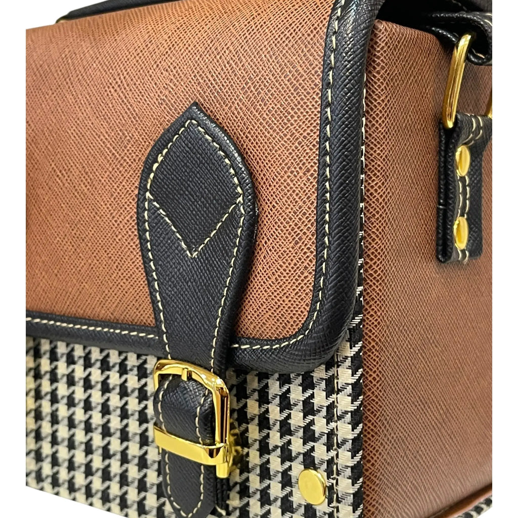 Vegan Leather Satchel – Handmade Vintage Crossbody Purse | Brown Houndstooth Bag by navichi