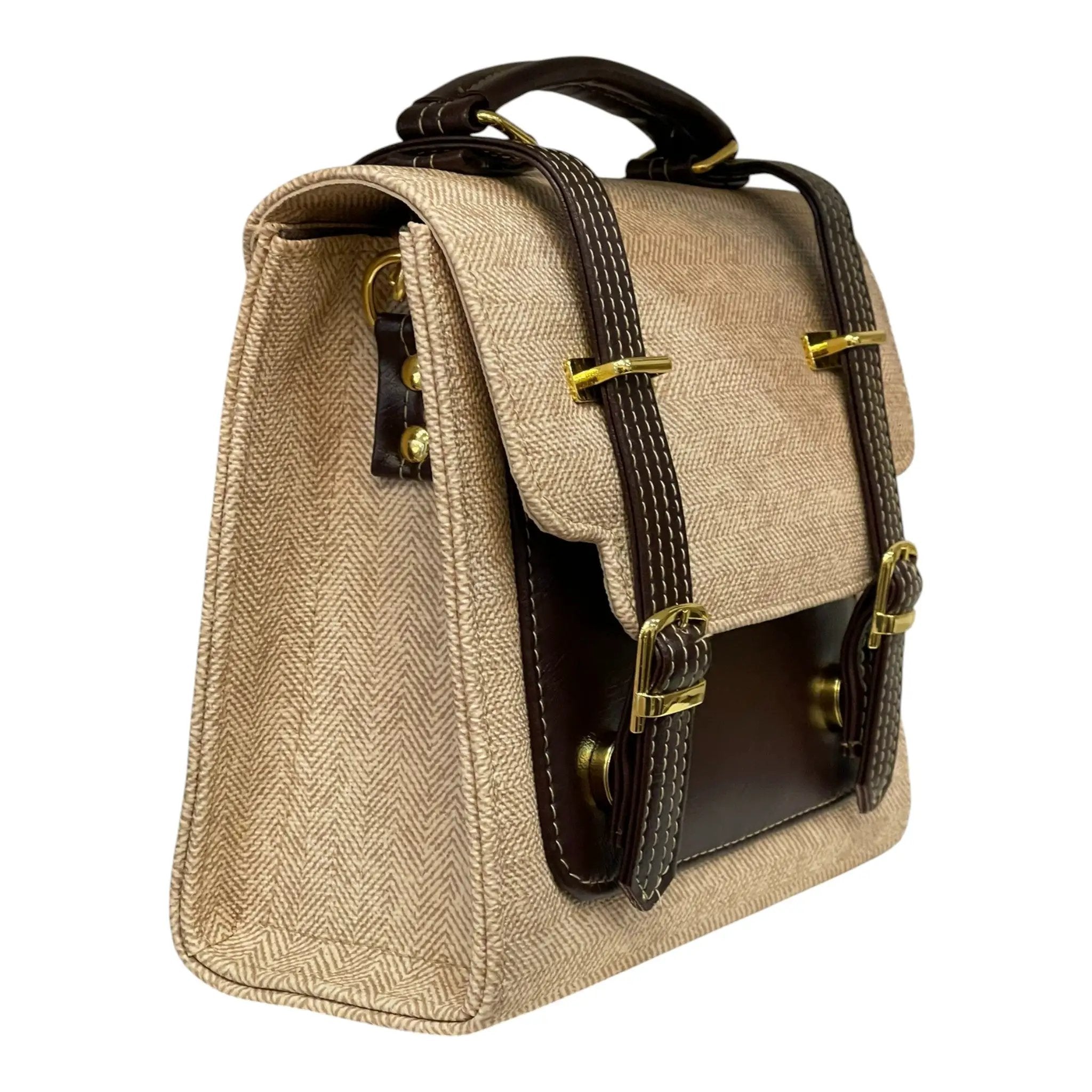 Vegan Leather Satchel – Handmade Canvas Bag With Adjustable Buckle Straps & Top Handle by navichi