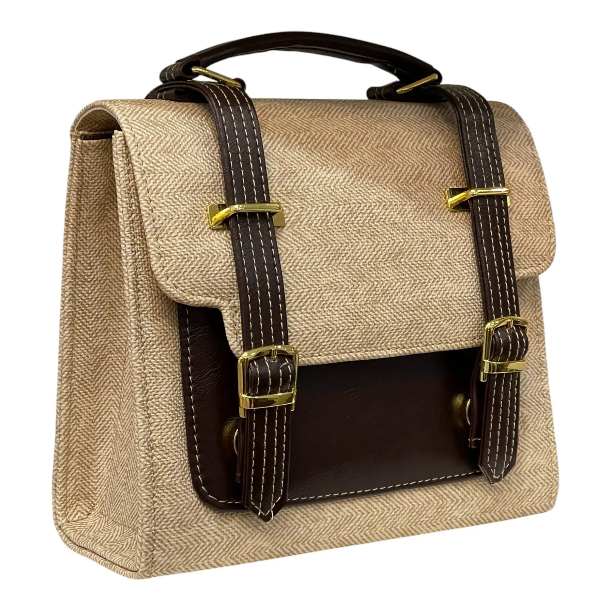 Vegan Leather Satchel – Handmade Canvas Bag With Adjustable Buckle Straps & Top Handle by navichi