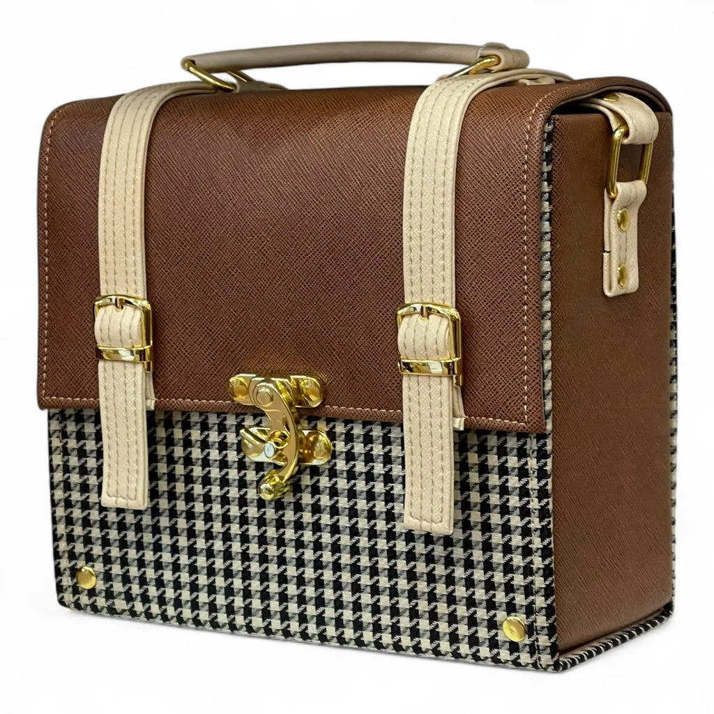 Vegan Leather Handbag – Handmade Brown Houndstooth Purse | Gold Twist Lock Closure by navichi