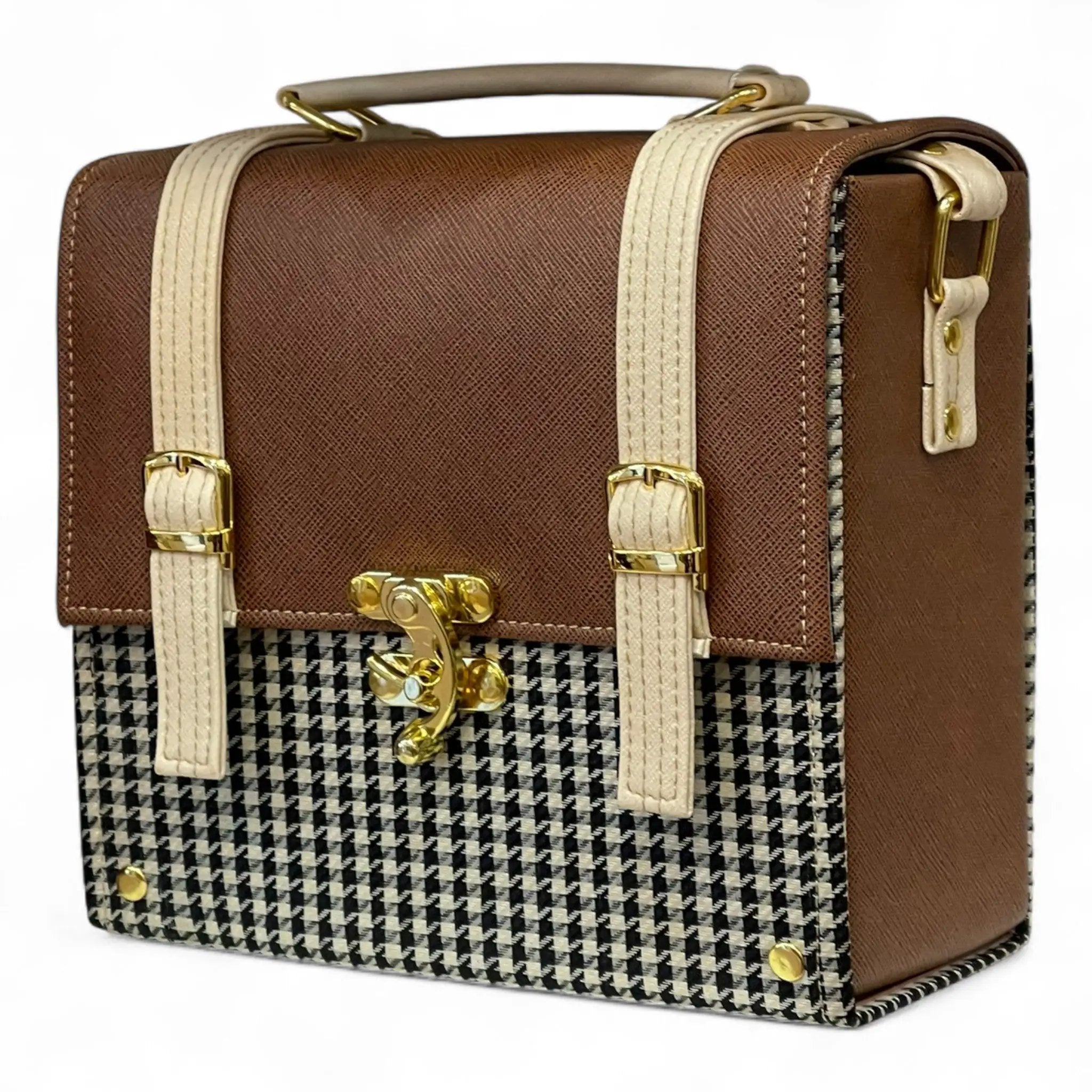 Vegan Leather Handbag – Handmade Brown Houndstooth Purse | Gold Twist Lock Closure by navichi