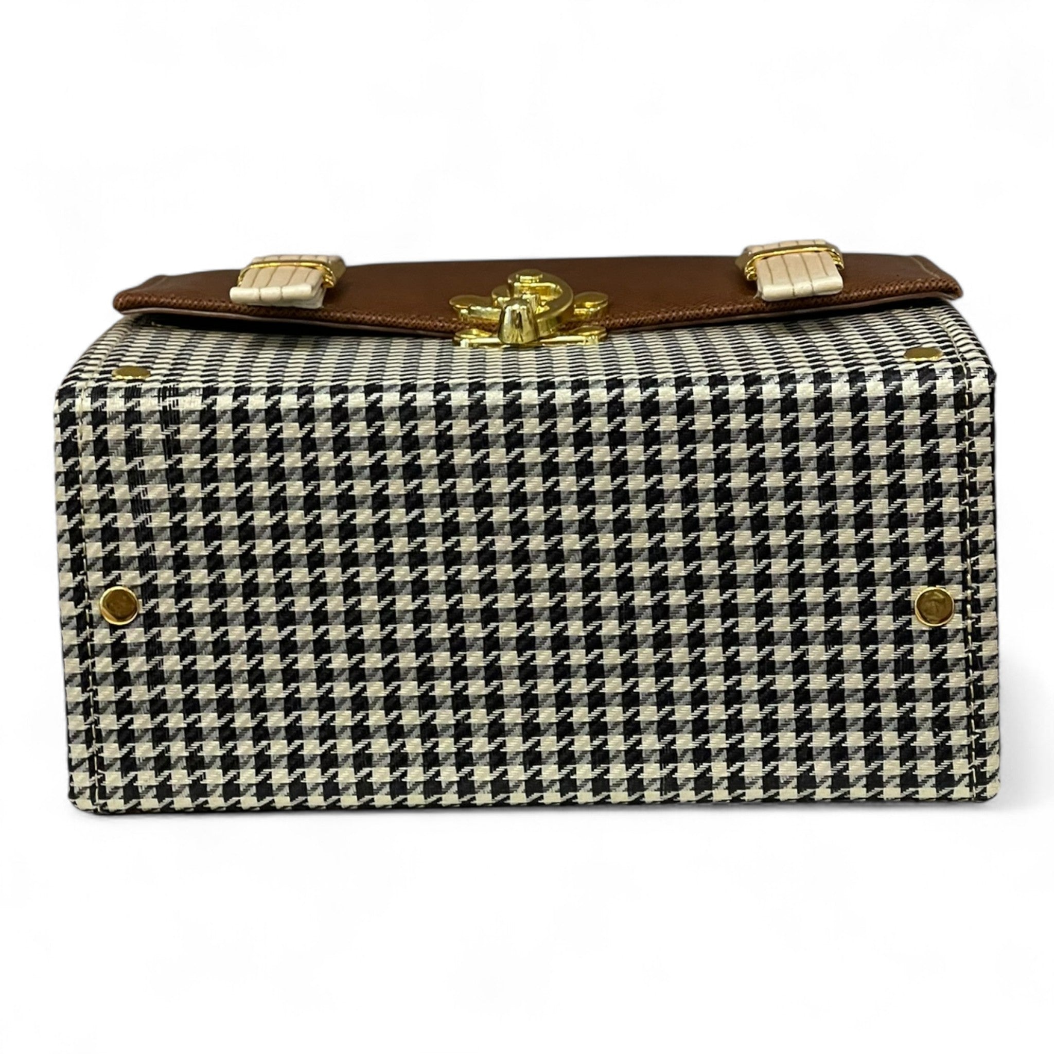 Vegan Leather Handbag – Handmade Brown Houndstooth Purse | Gold Twist Lock Closure by navichi