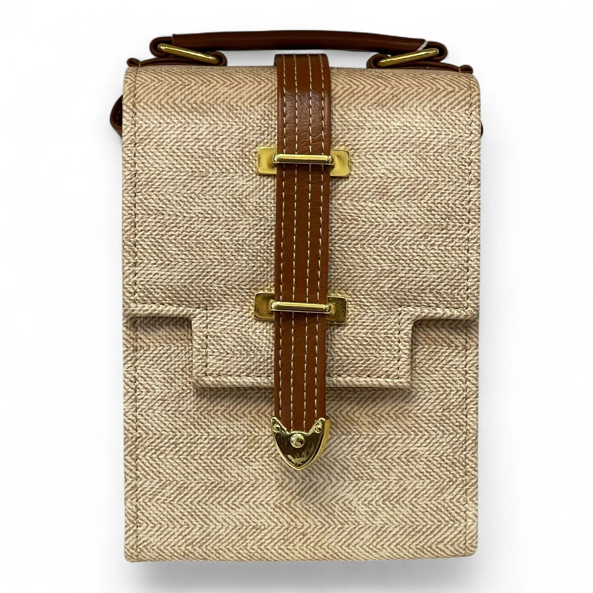 Vegan Leather Handbag – Handmade Beige Crossbody Bag With Gold Accent, Compact by navichi