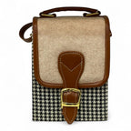 Handmade French Vegan Leather Handbag – Houndstooth & Tan Buckle Design (16×13×10 cm) by navichi