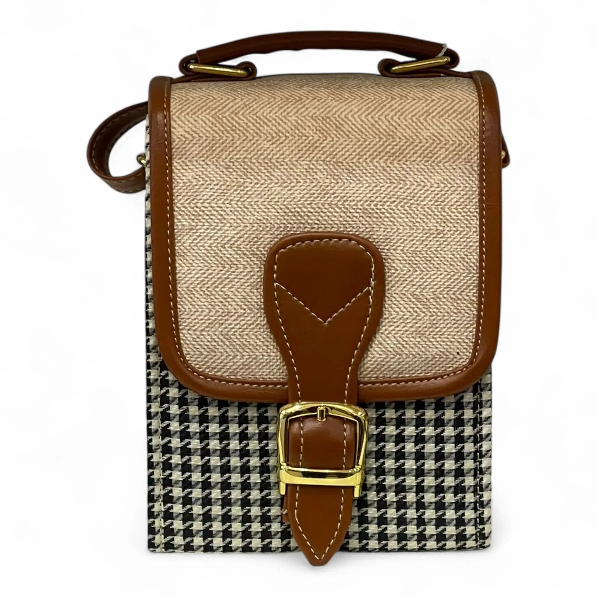 Handmade French Vegan Leather Handbag – Houndstooth & Tan Buckle Design (16×13×10 cm) by navichi