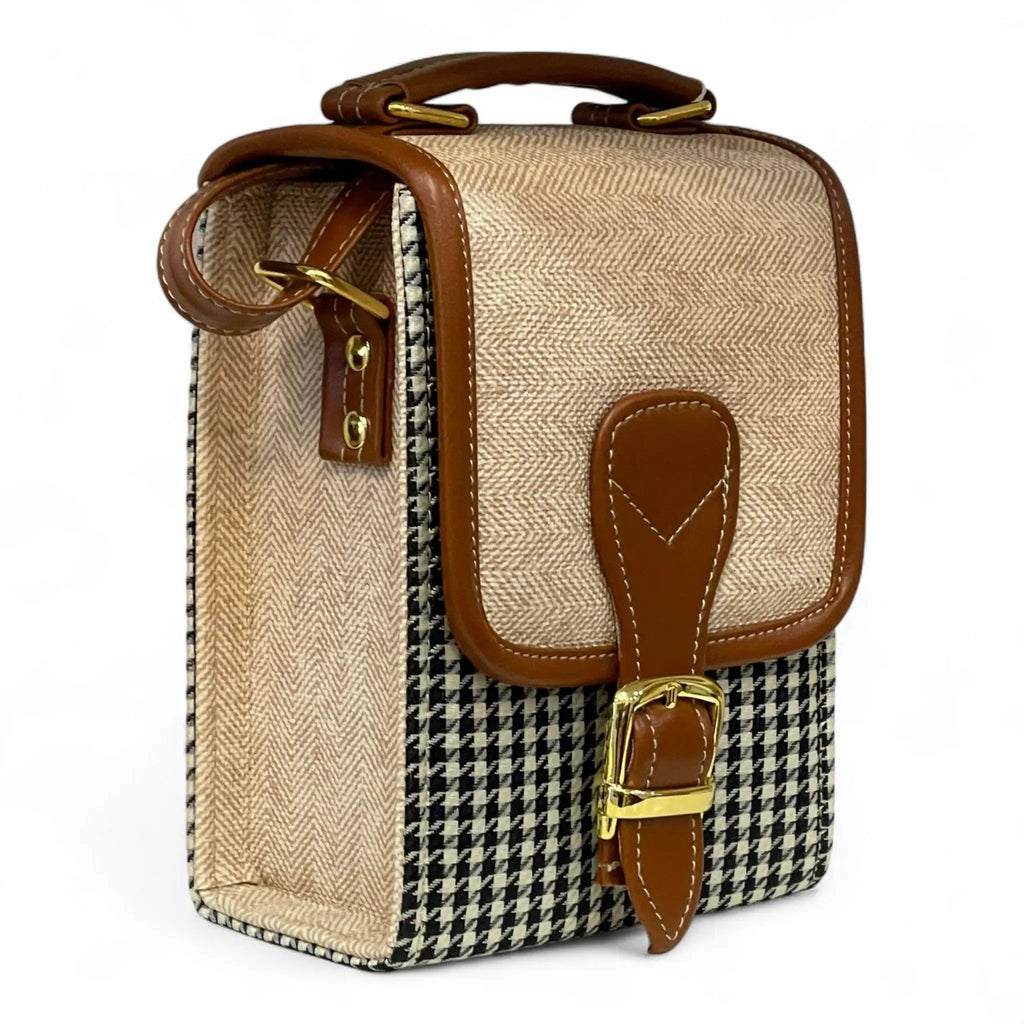 Handmade French Vegan Leather Handbag – Houndstooth & Tan Buckle Design (16×13×10 cm) by navichi