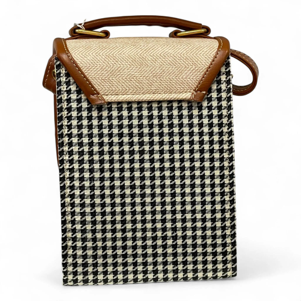Handmade French Vegan Leather Handbag – Houndstooth & Tan Buckle Design (16×13×10 cm) by navichi