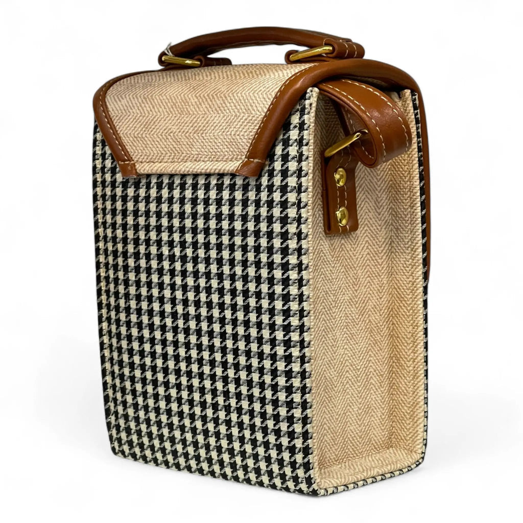 Handmade French Vegan Leather Handbag – Houndstooth & Tan Buckle Design (16×13×10 cm) by navichi