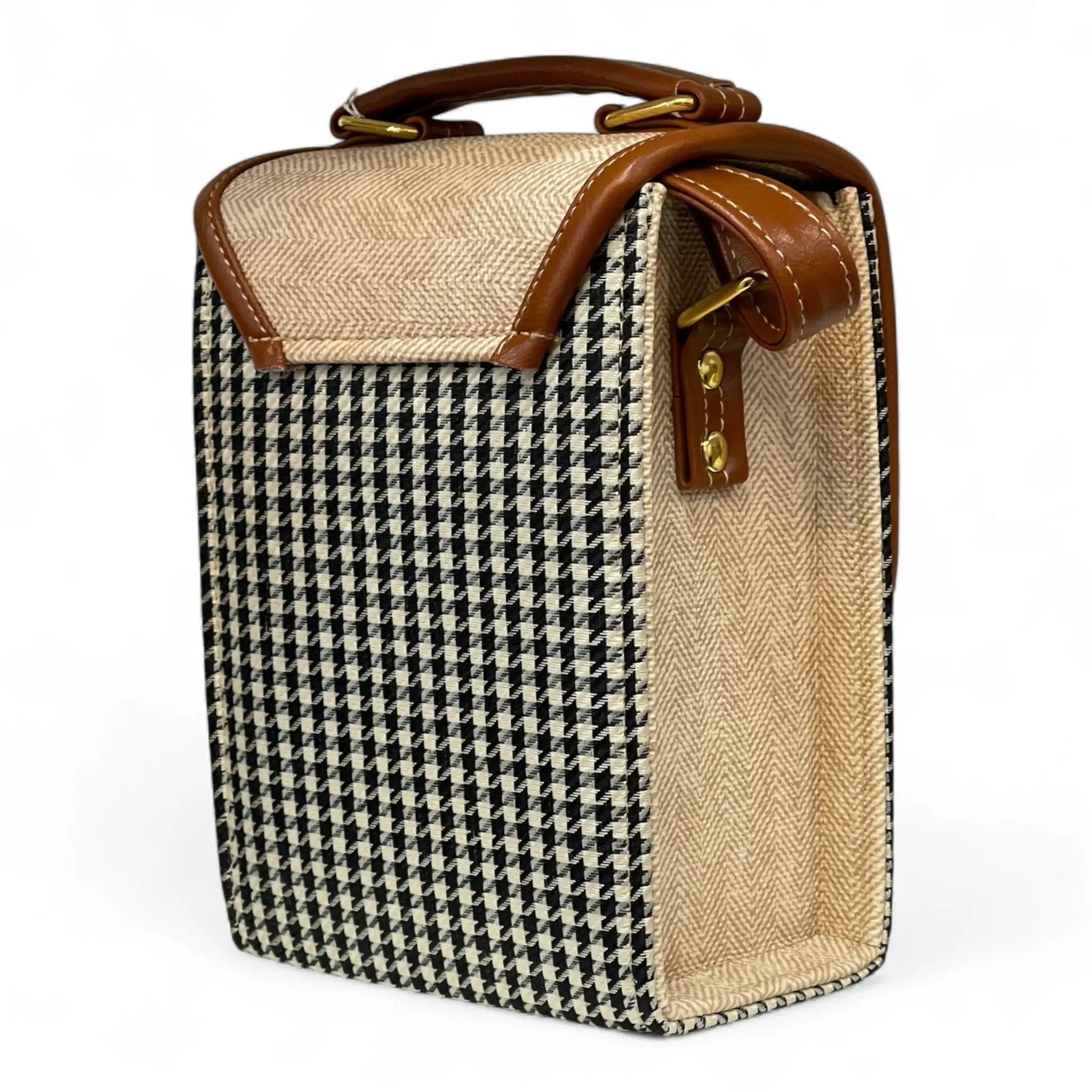 Handmade French Vegan Leather Handbag – Houndstooth & Tan Buckle Design (16×13×10 cm) by navichi