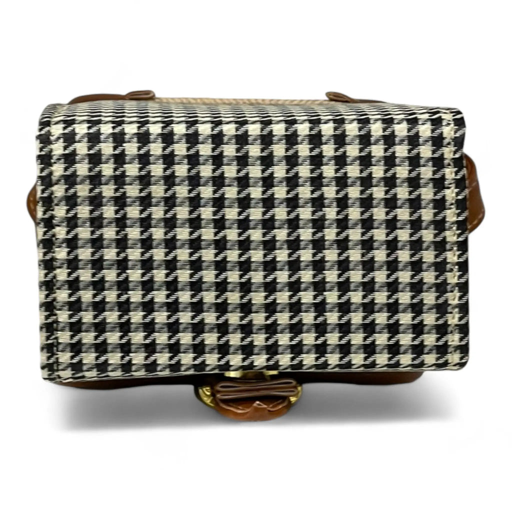 Handmade French Vegan Leather Handbag – Houndstooth & Tan Buckle Design (16×13×10 cm) by navichi