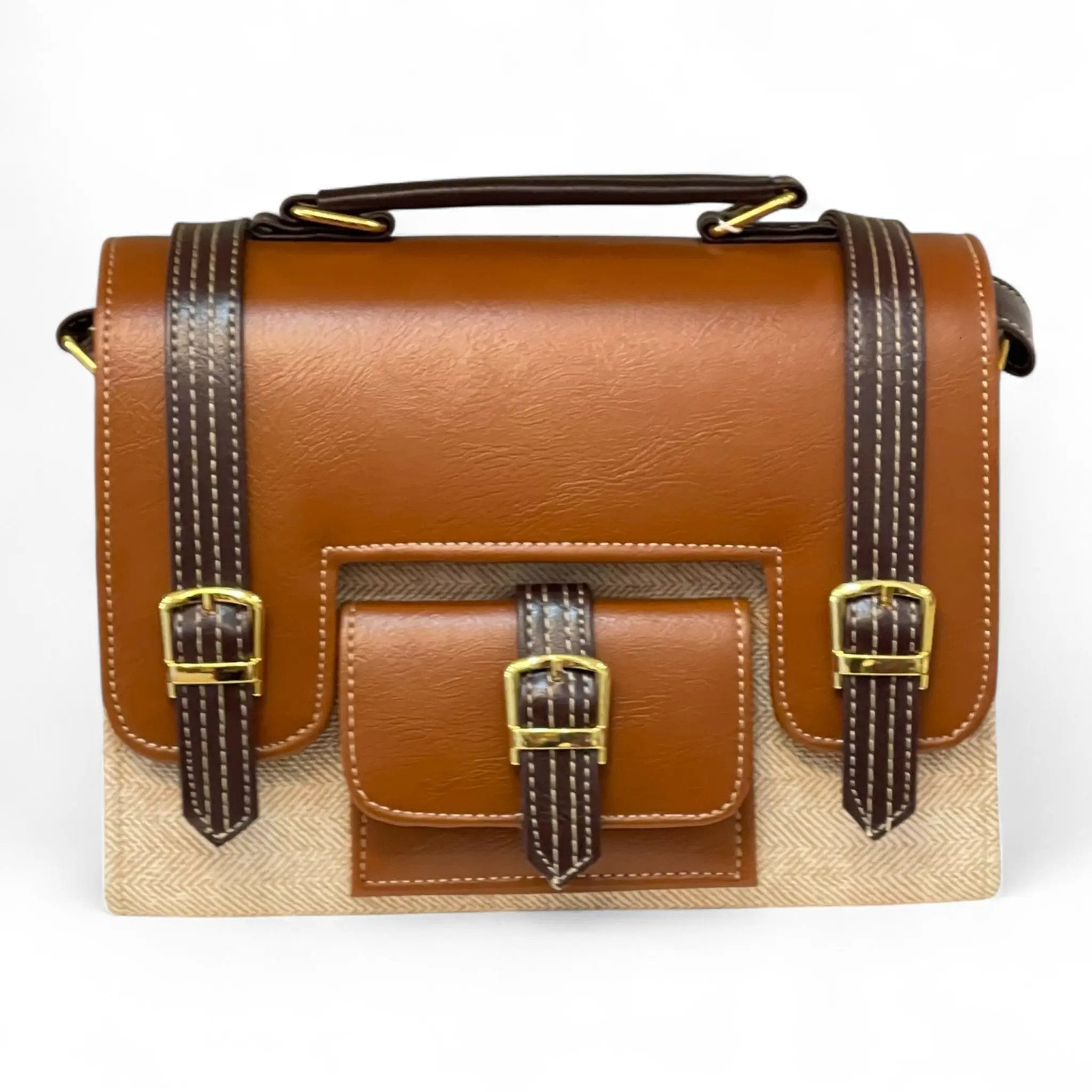 Vegan Leather Satchel – Handmade Camel Brown Handbag With Adjustable Strap by navichi