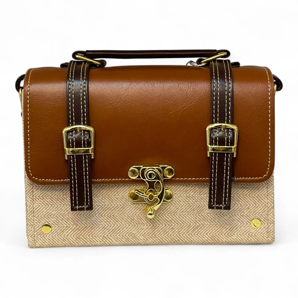 Vegan Leather Satchel – Handmade Brown Crossbody Bag | Canvas Handbag, Gold Hardware by navichi