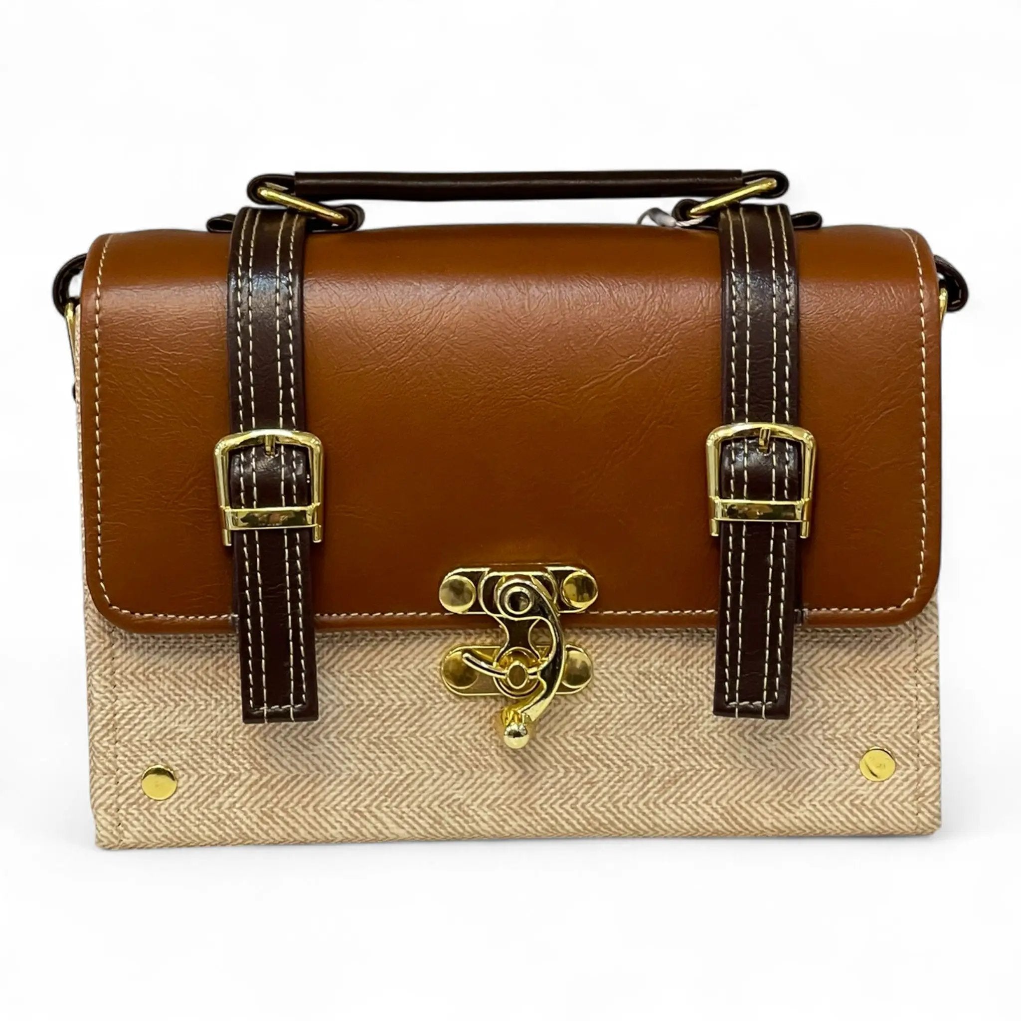 Vegan Leather Satchel – Handmade Brown Crossbody Bag | Canvas Handbag, Gold Hardware by navichi