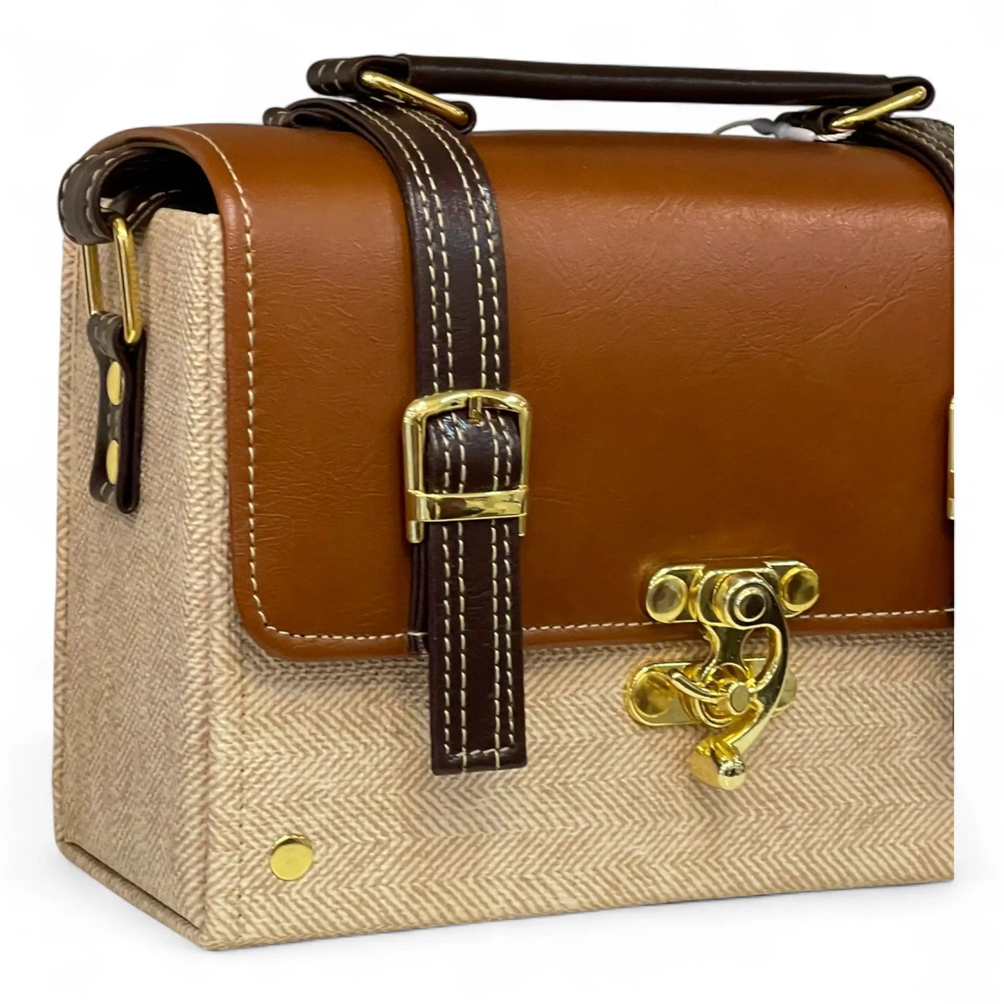 Vegan Leather Satchel – Handmade Brown Crossbody Bag | Canvas Handbag, Gold Hardware by navichi