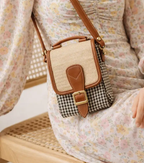 Handmade French Vegan Leather Handbag – Houndstooth & Tan Buckle Design (16×13×10 cm) by navichi