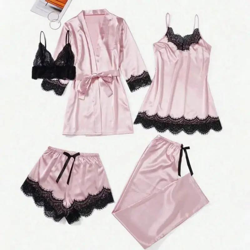 2024 New Sexy Pajamas Women's Spring and Summer Five-Piece Silk Black Lace Slip Skirt Long-Sleeved Nightgown Home Clothes by Hegichi