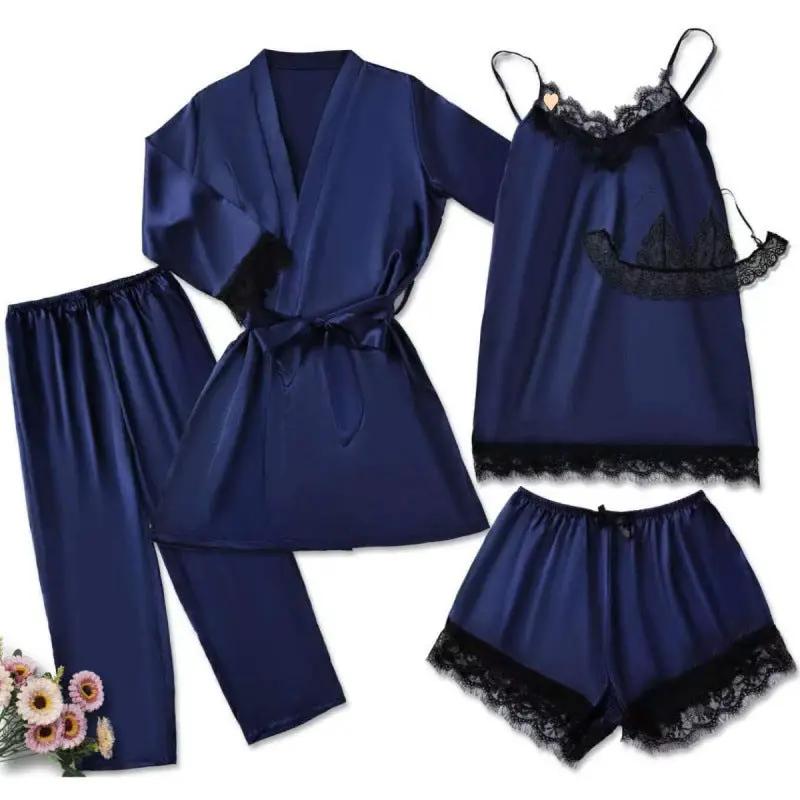 2024 New Sexy Pajamas Women's Spring and Summer Five-Piece Silk Black Lace Slip Skirt Long-Sleeved Nightgown Home Clothes by Hegichi