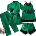 2024 New Sexy Pajamas Women's Spring and Summer Five-Piece Silk Black Lace Slip Skirt Long-Sleeved Nightgown Home Clothes by Hegichi